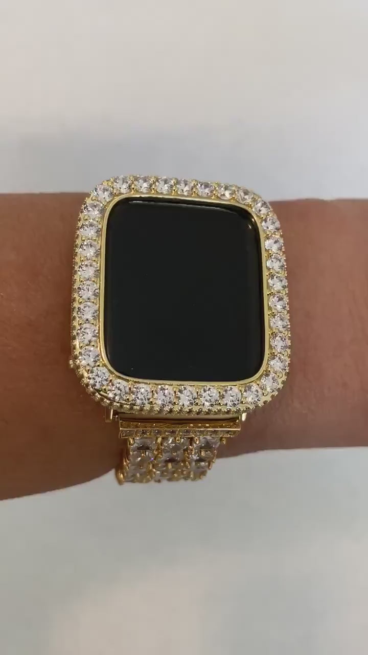 Series 2-9 Apple Watch Band Gold Swarovski Crystals & or Lab Diamond Bezel Cover 38 40 41 42 44 45mm Smartwatch Bumper Bling