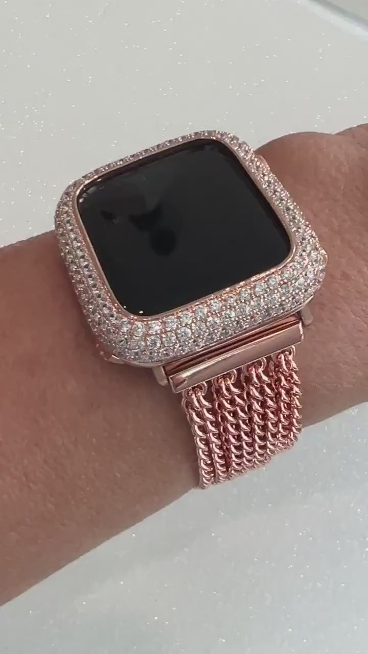 Rose Gold Apple Watch Band Women Chain Link 38mm-49mm Ultra, Iwatch Phone band & or Apple Watch Case Lab Diamond Bezel Cover Minimalist