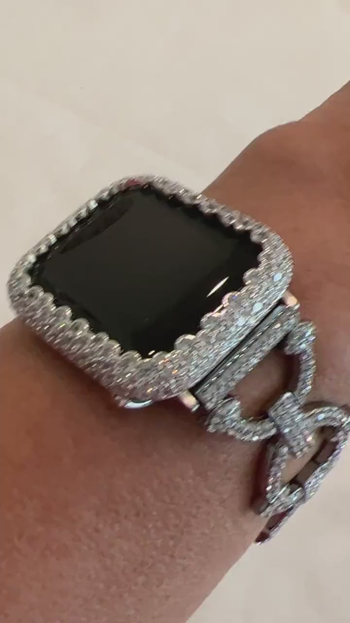 Crystal Pave Link Apple Watch Band 41mm 45mm 49mm Ultra Silver & or Apple Watch Cover Lab Diamond Bezel 38mm-49mm Ultra Series 10-11