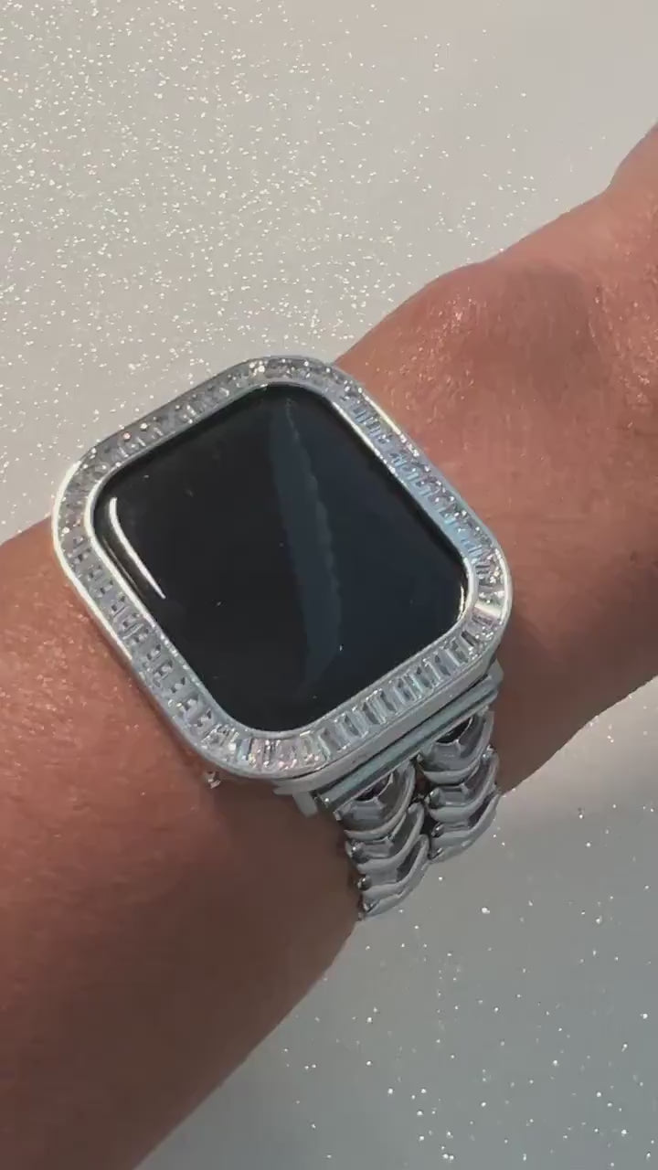 Silver Apple Watch Band Double Row Hearts 38mm-46mm, Iwatch band & or Apple Watch Case Baguette Lab Diamond Bezel Cover Series 10-11