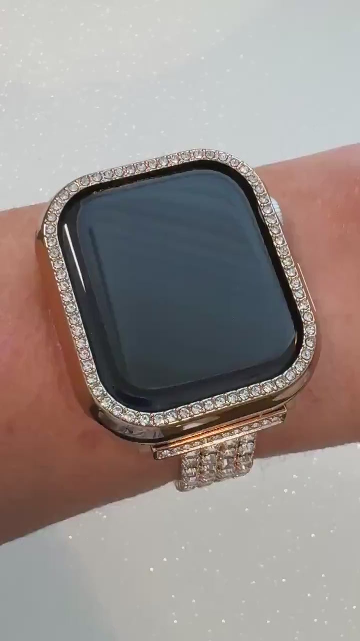 Series 10-11 Apple Watch Band Women Rose Gold Swarovski Crystals & or Apple Watch Cover 49mm Ultra Series 1/2/3