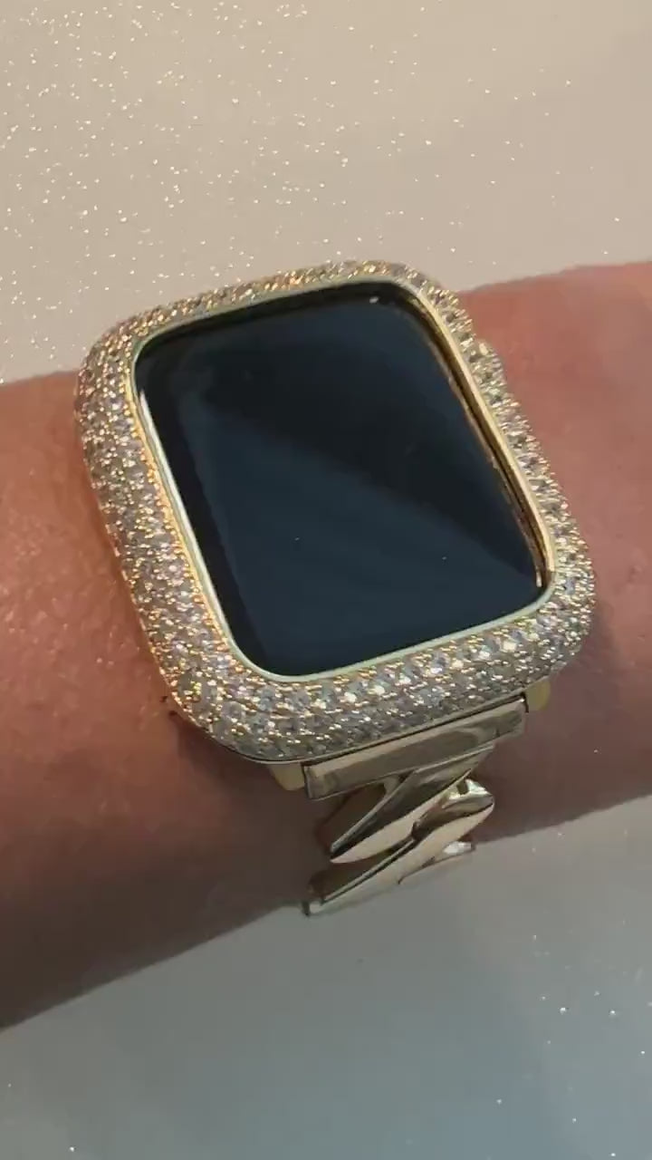 Designer Apple Watch Band Gold Women Minimalist, Iwatch Phone Bracelet & or Apple Watch Case Pave Lab Diamond Bezel Cover Bling Gift for Her