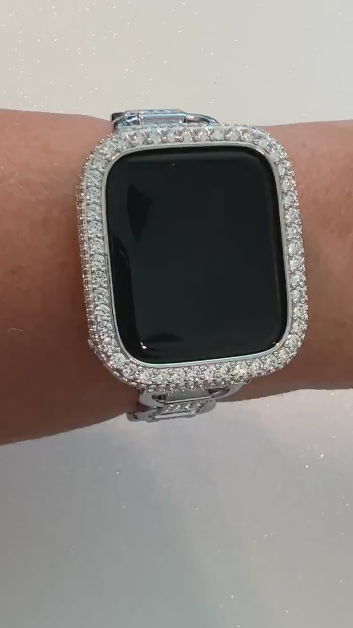 Silver Apple Watch Band Women, High End Crystal Bracelet & or Apple Watch Cover, Lab Diamond Bezel, Iwatch Case Bling