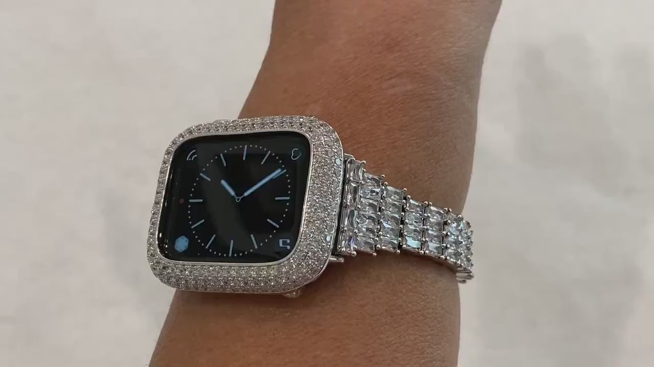 Designer Apple Watch Band Womens Silver High End Crystals & or Apple Watch Case Lab Diamond Bezel Iphone Watch Case 38mm - 49mm Ultra Bling