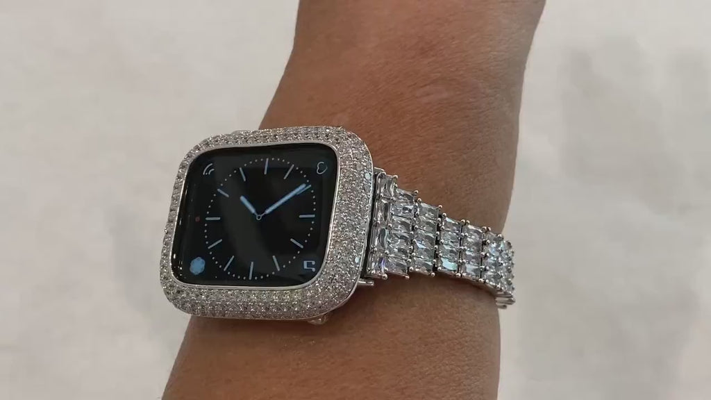 Designer Apple Watch Band Womens Silver High End Crystals & or Apple Watch Case Lab Diamond Bezel Iphone Watch Case 38mm - 49mm Ultra Bling