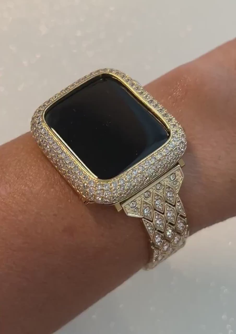 Pave Apple Watch Band Womens Gold Swarovski Crystals 38mm-49mm Ultra & or Apple Watch Cover Lab Diamond Bezel Apple Watch Case Iphone Watch