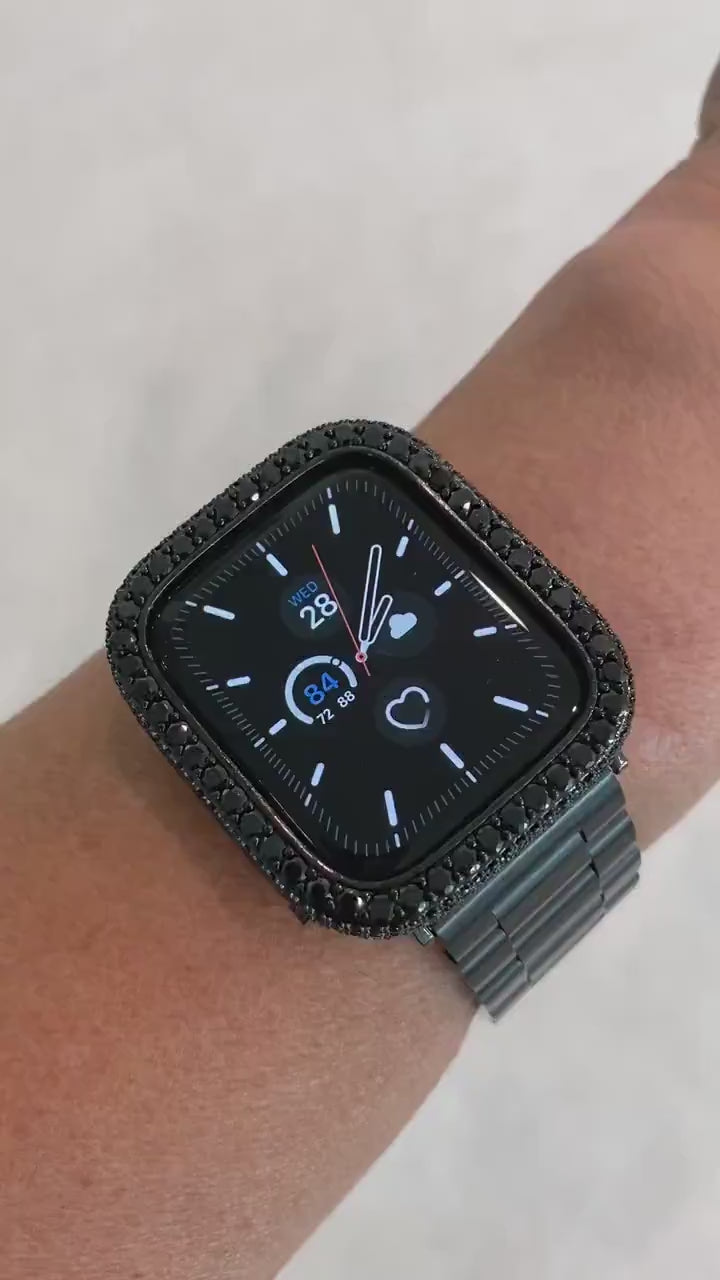 Apple Watch Band Black Stainless Steel & or Apple Watch Cover Lab Diamond Bezel Case 38mm-49mm Ultra Smartwatch Bumper Bling Series 10-12