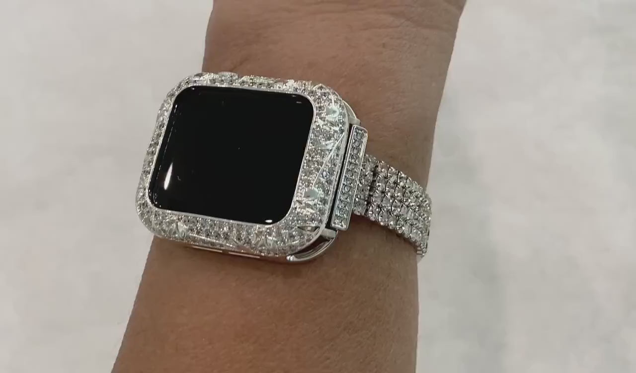 Series 2-8 Apple Watch Band Women Swarovski Crystals Silver & or Apple Watch Case for Iphone Watch 38mm-45mm Smartwatch Bumper Case Bling