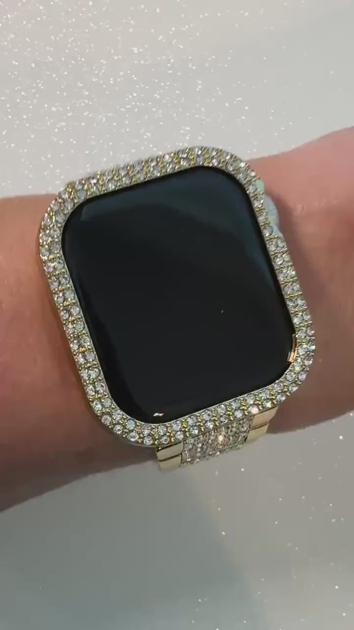 Apple Watch Band 42mm 46mm Series 10 Gold Stainless Steel & or Apple Watch Cover Swarovski Crystal Protective Iphone Watch Case Iwatch Candy