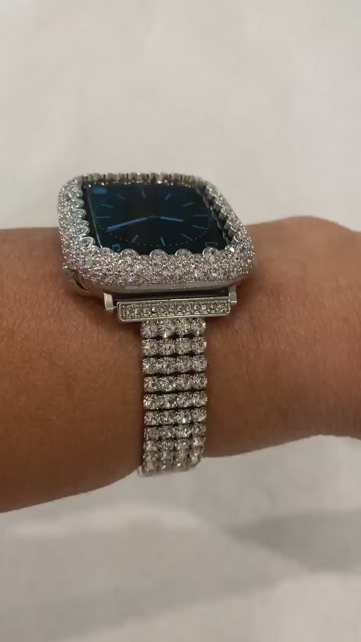42mm 46mm Apple Watch Band Women Silver Swarovski Crystal & or White Gold Apple Case for Iphone Watch 38mm - 49mm Iwatch Candy Bling Cover