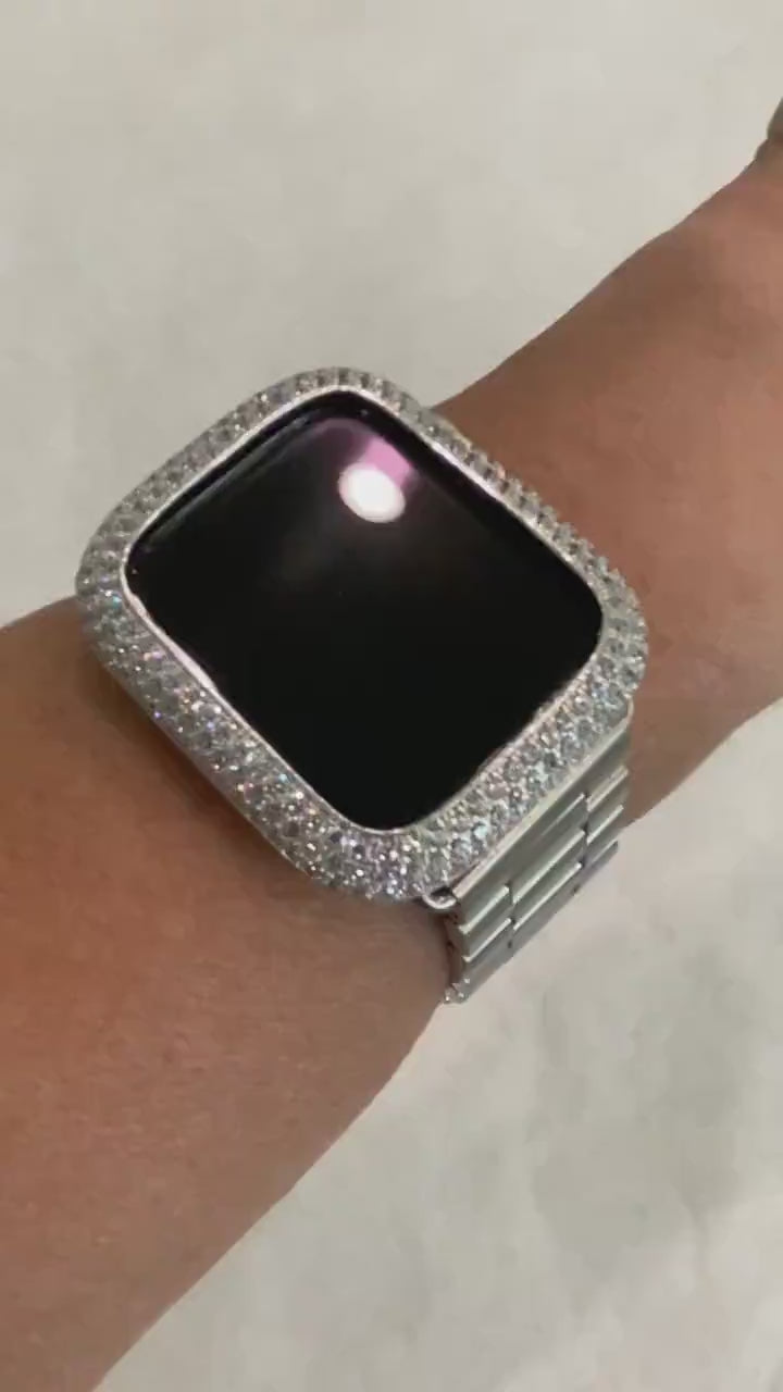 Series 10-11 Apple Watch Band Silver Stainless Steel  38mm-49mm Ultra & or Apple Watch Case Lab Diamond Bezel Iphone Watch Cover Bling