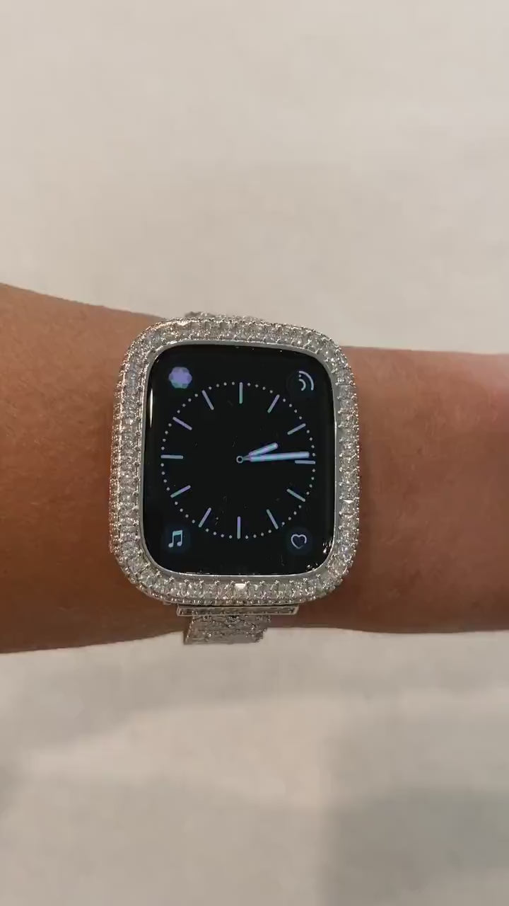 Apple Watch Cover Silver Metal Bezel 2.5mm Lab Diamonds, Apple Watch Case Protective Smartwatch Bumper Bling 40mm Series 4.5,6 SE