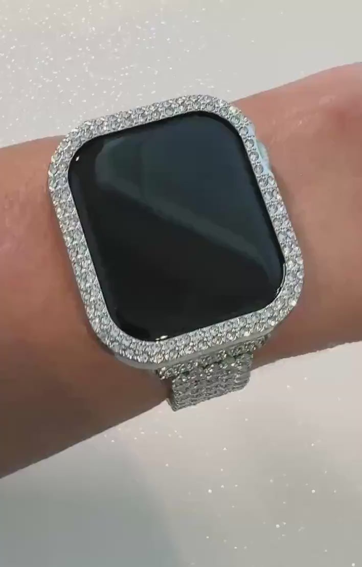 Series 10-12 Apple Watch Band Silver Swarovski Crystal & or Apple Watch Cover Iwatch Watch Case with built in Glass Screen Protector 42-46mm