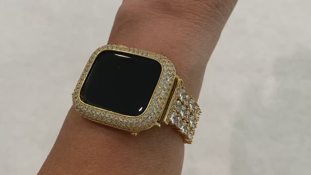 Gold Apple Watch Band Swarovski Crystals 38mm-49mm Ultra & or Apple Watch Cover Lab Diamond Bezel Case Smartwatch Bumper Bling Iwatch Case