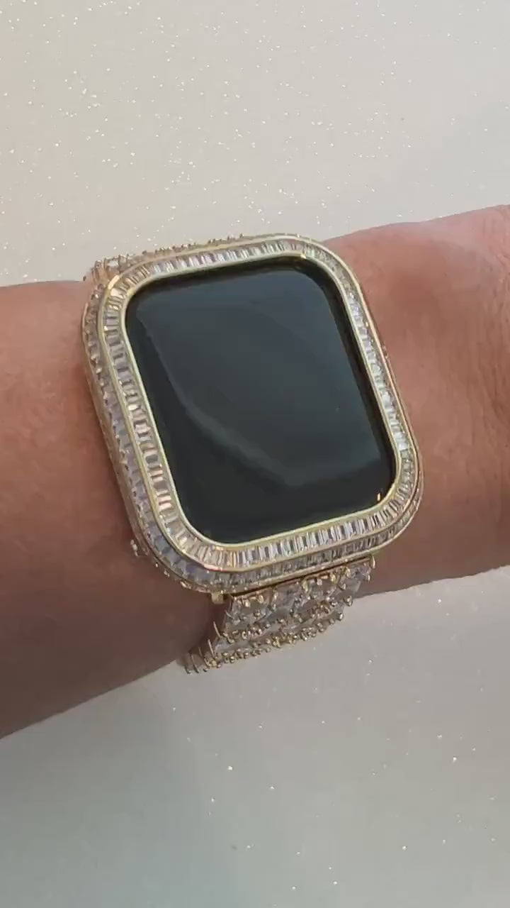 Yellow Gold Apple Watch Band Woman Baguette & Radiant Cut Crystals and or Designer Apple Watch Cover Lab Diamond Bezel 40mm-45mm