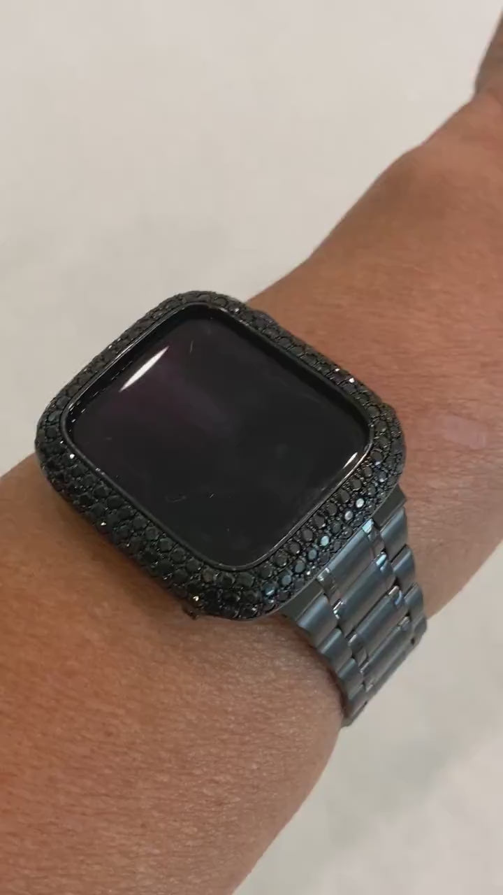 Apple Watch Band 41mm 45mm 49mm Ultra Black Stainless Steel & or Lab Diamond Bezel Cover for Smartwatch Bumper Series 1-11
