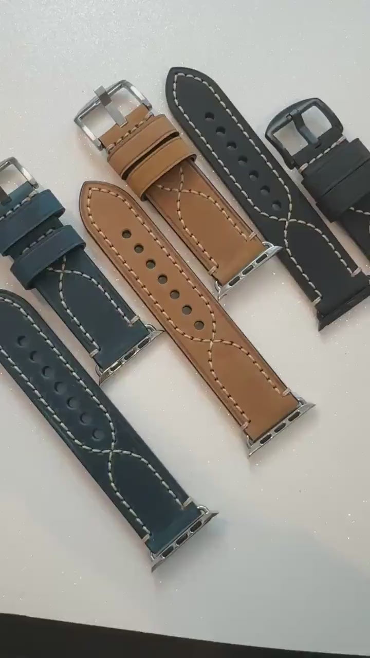 Bold Hand Stitched Leather Apple Watch Band Mens Black, Tan, Brown, Blue, Apple Watch Straps 42mm 44mm 45mm 46mm 49mm Iphone Watch Band