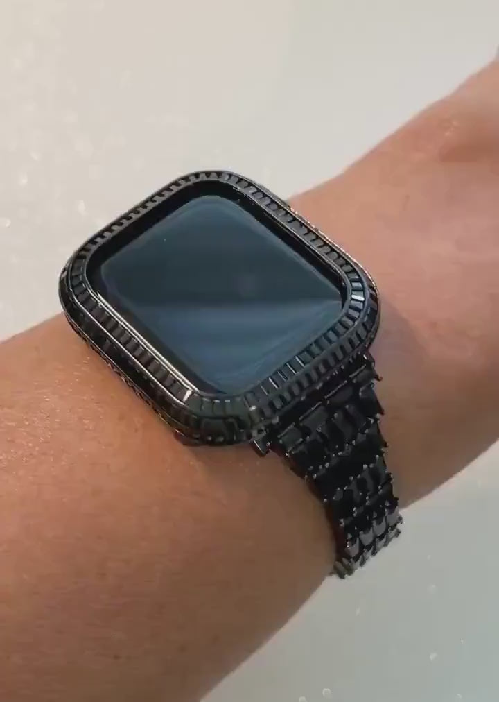 Apple Watch Band Women Designer Swarovski Crystal Baguette Black  & or Iphone Watch Cover Lab Diamond Bezel Iwatch Candy Series 10-12