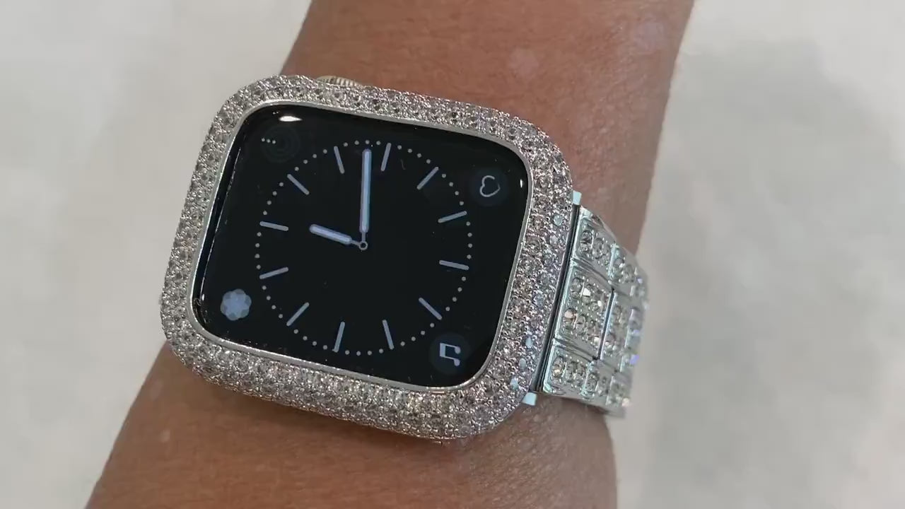 Apple Watch Band Stainless Steel Silver Swarovski Crystals & or Apple Watch Cover Lab Diamond Bezel Smartwatch Bumper 38mm-49mm Ultra