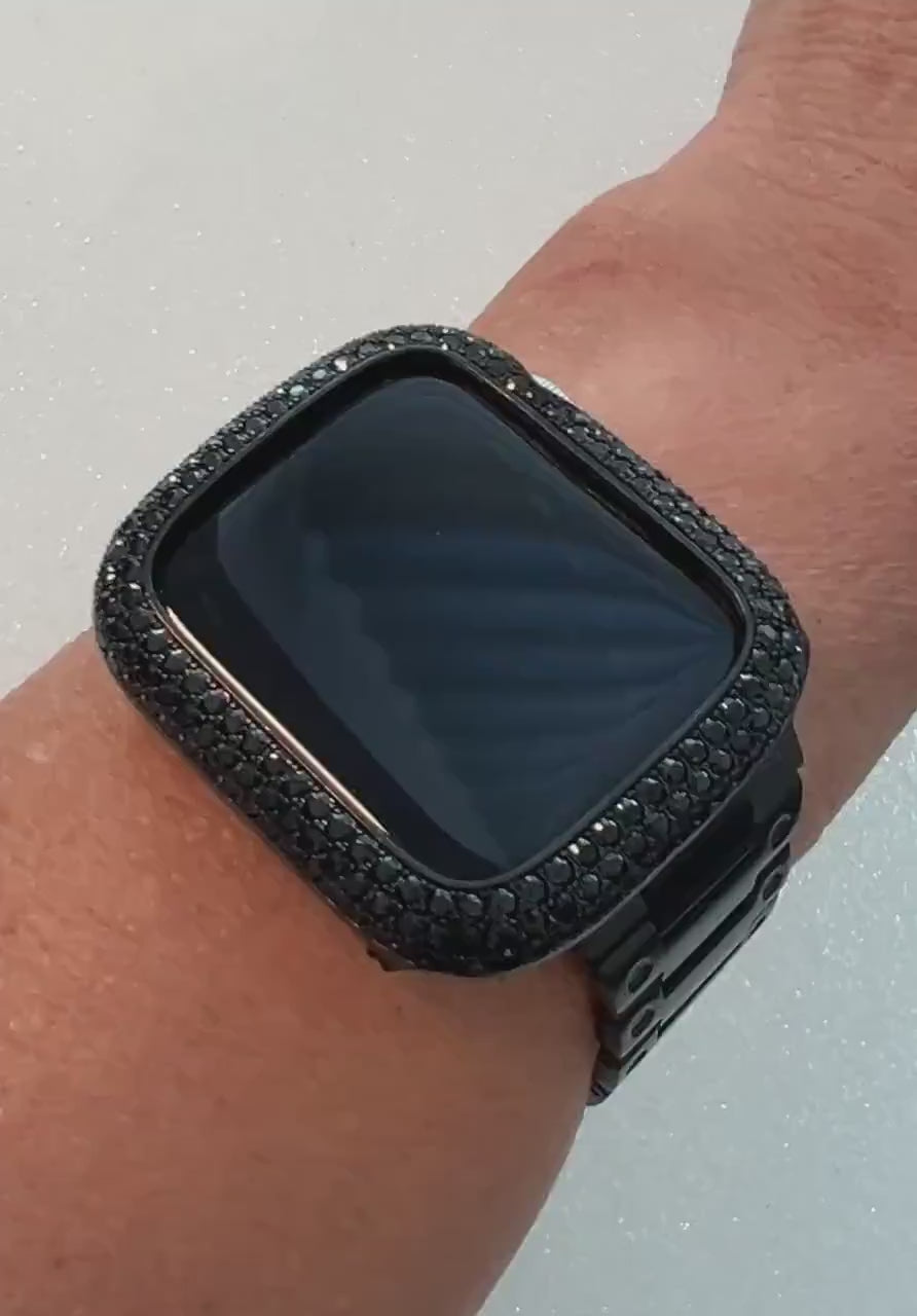 Black Apple Watch Band, Stainless Steel & or Apple Watch Case, Lab Diamond Bezel, IWatch Candy Bling