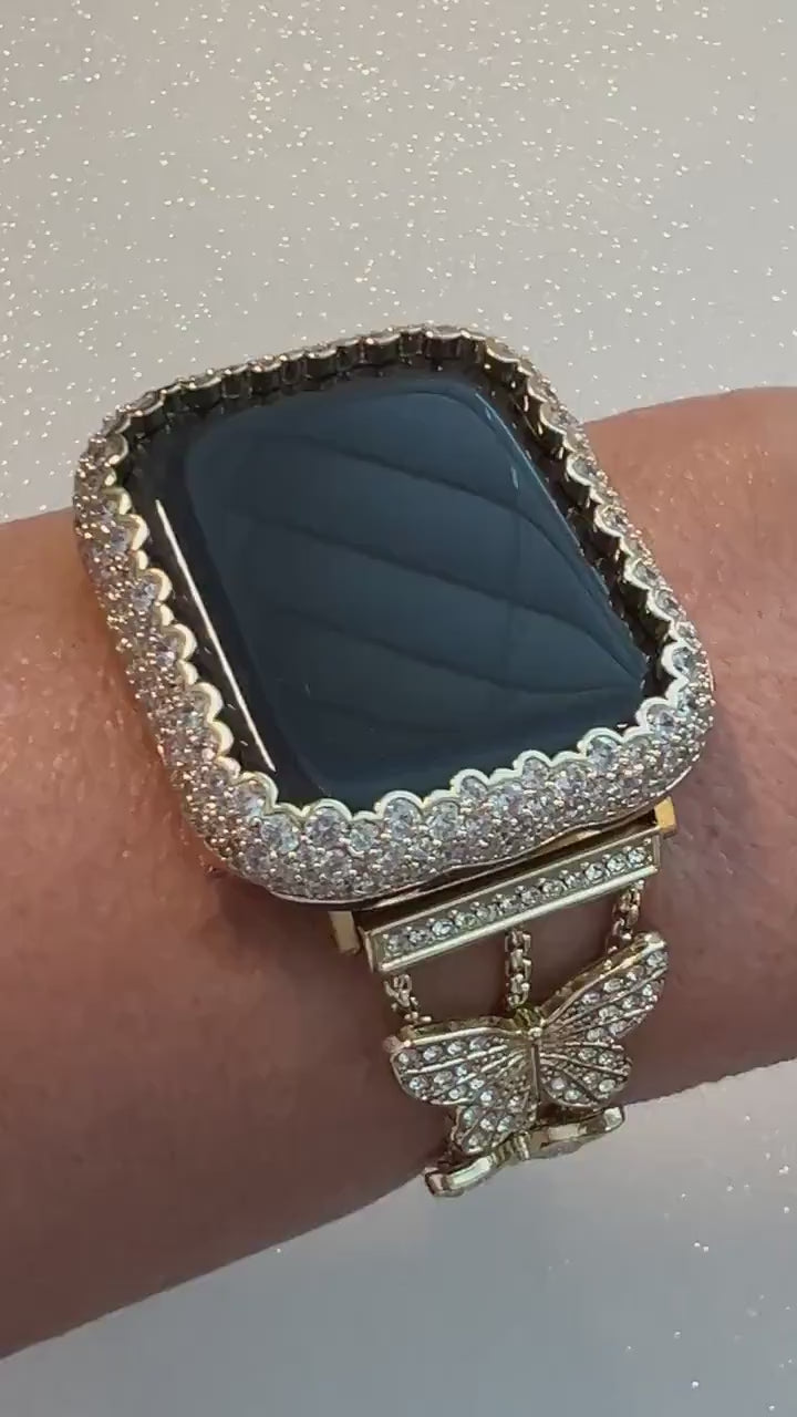 Butterfly Apple Watch Band 49mm Woman Yellow Gold Crystal & or Apple Watch Case Pave Lab Diamond Bezel Apple Watch Cover Bling Series 10-11