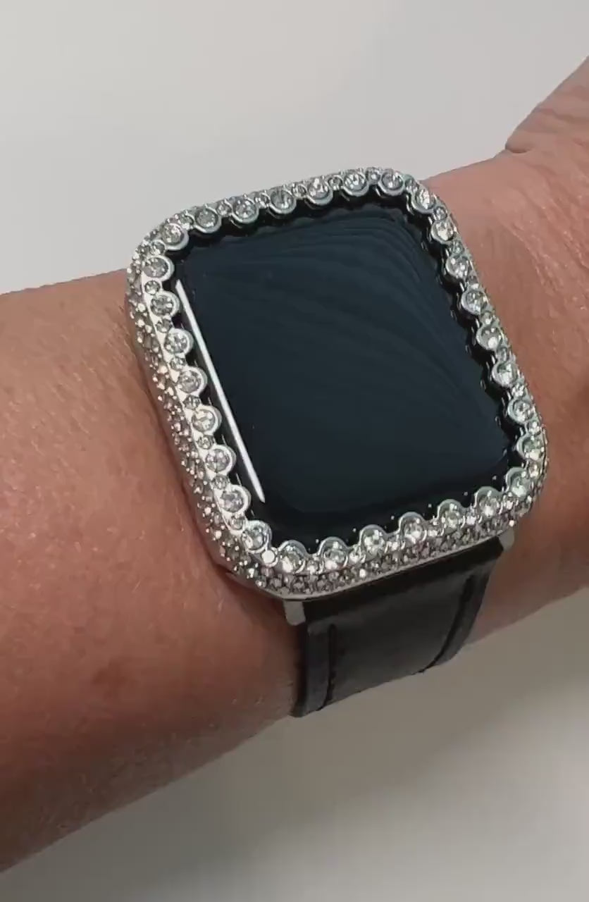 Apple Watch Band Womens Black Leather & or Apple Watch Case Swarovski Crystals Apple Watch Cover Iwatch Watch Candy Bling 38mm-45mm Series 9