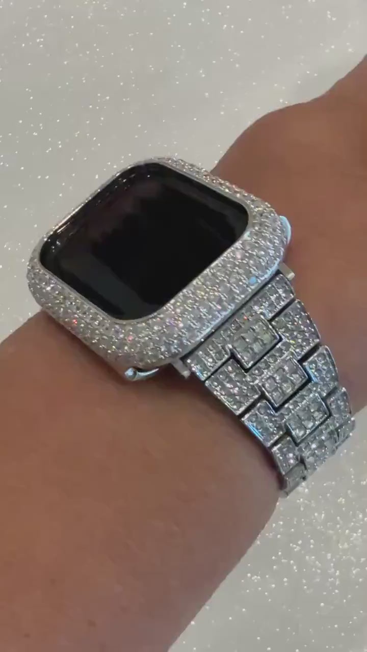 Pave Silver Apple Watch Band Women 38mm-49mm Ultra Swarovski Crystal & or Apple Watch Cover Lab Diamond Bezel Apple Watch Case Series 2-12