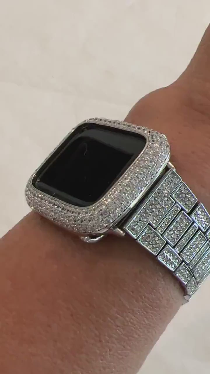 Pave Apple Watch Band Women 38mm-49mm Ultra Silver High End Crystal & or Iphone Watch Cover Lab Diamond Bezel