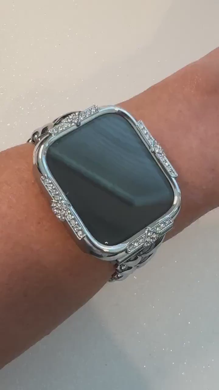Silver Apple Watch Band Womens Bracelet Minimalist & or Apple Watch Case Swarovski Crystal Tempered Glass Screen Protector Series 10 40-46mm