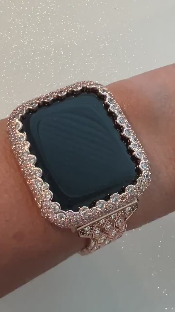 Pave Apple Watch Band Womens Rose Gold Crystals 38mm-49mm & or Apple Watch Cover Lab Diamond Bezel Apple Watch Case for Iphone Watch Bling