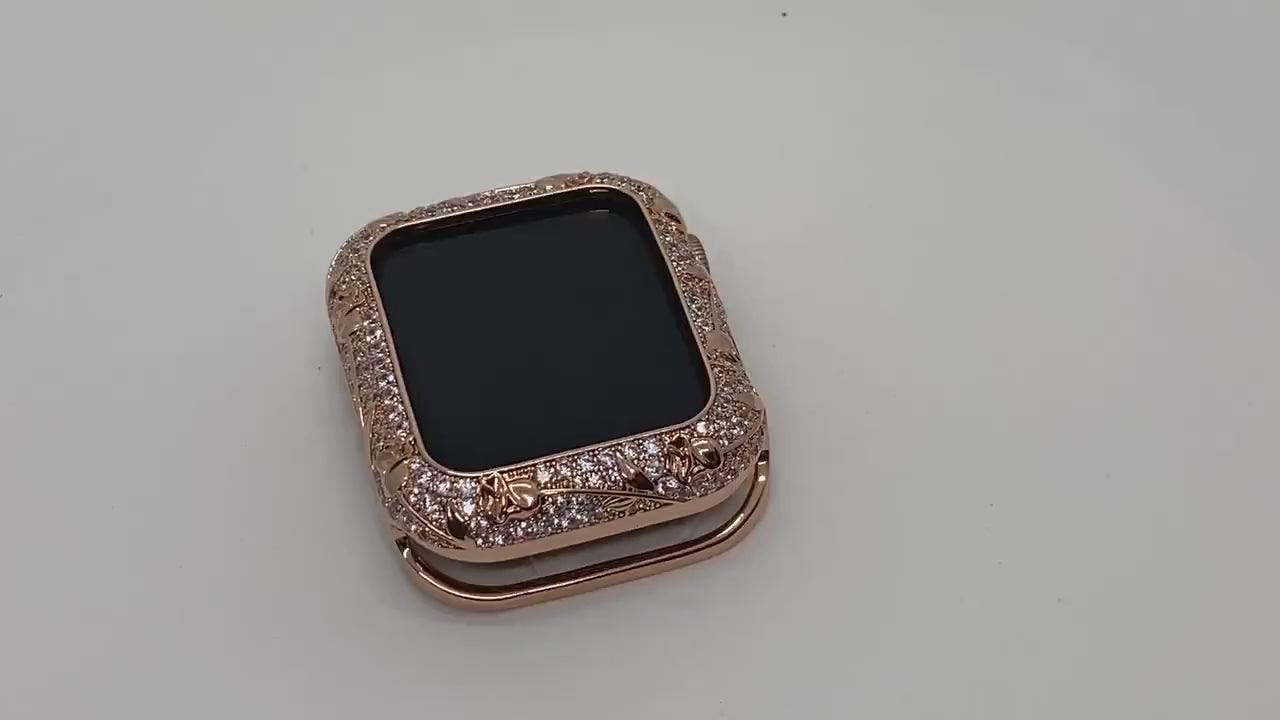 41mm 45mm Apple Watch Bezel Case Rose Gold Metal Iwatch Case Floral Design Swarovski Crystals 38mm 40mm 42mm 44mm Series 2-9 SE