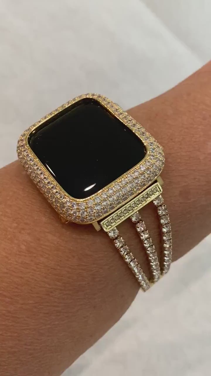 Gold Apple Watch Band Swarovski Crystal 38mm-49mm Ultra & or Apple Watch Case Lab Diamond Bezel Iphone Watch Cover Bumper Iwatch Candy Bling