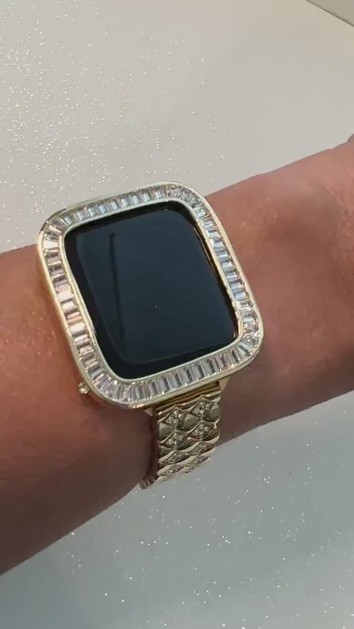 Series 10-11 Yellow Gold Apple Watch Band Womens Crystal Bracelet & or Apple Watch Case Baguette Lab Diamond Bumper Cover 38mm-46mm