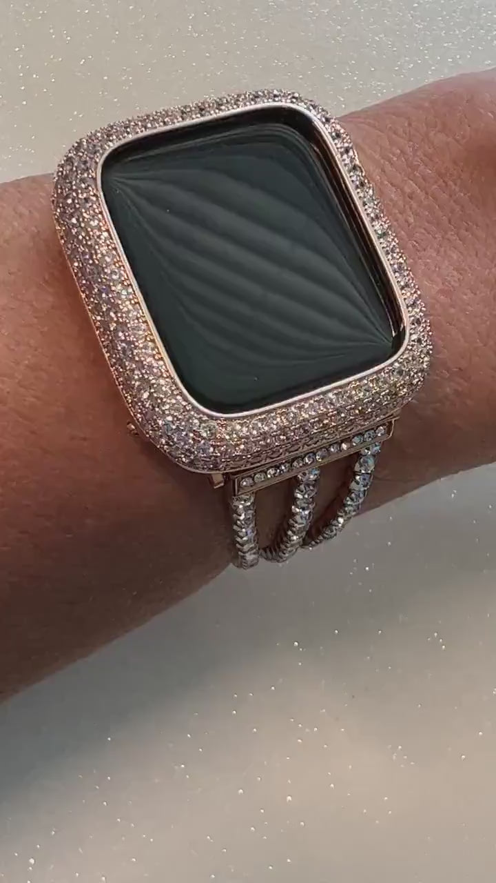 Rose Gold Apple Watch Band Womens Bracelet Chain Ultra Swarovski Crystals & or Apple Watch Cover Lab Diamond Bezel 38mm-49mm Iwatch Candy