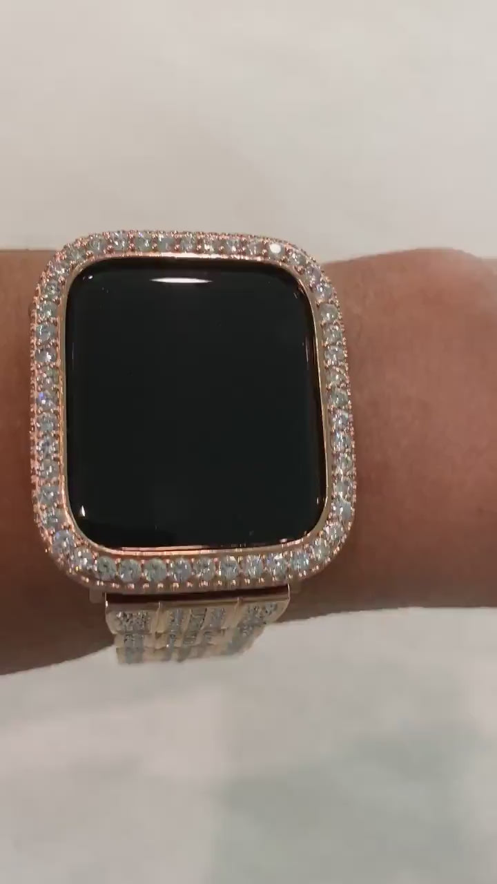 Rose Gold Apple Watch Band Stainless Steel Swarovski Crystals & or Apple Watch Case Lab Diamond Pave Bezel Cover 38mm-45mm Series 2-11