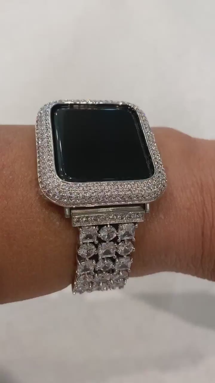 Series 10 Apple Watch Band Woman Silver Swarovski Crystals & or Apple Watch Cover Lab Diamond Bezel 38mm 40mm 41mm 42mm 44mm 46mm 45mm 49mm