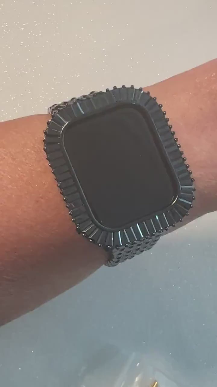 Designer Black Apple Watch Band Swarovski Crystal Baguettes 41mm 45mm & or Apple Watch Case Baguette Lab Diamond Bezel Apple Watch Cover