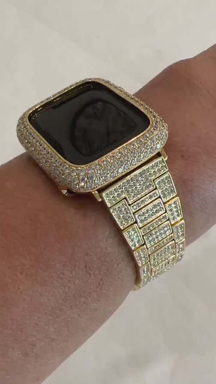 Pave Apple Watch Band Gold Stainless Steel Swarovski Crystals 38mm-49mm Ultra & or Apple Watch Cover Lab Diamond Bezel Apple Watch Case