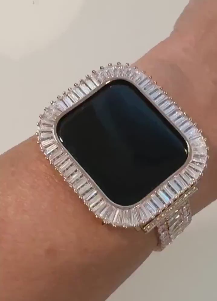 Apple Watch Band Womens Bracelet Swarovski Crystal 14k Rose Gold PL & or Apple Watch Case Lab Diamond Bezel for Iphone Watch 38mm-45mm Bling