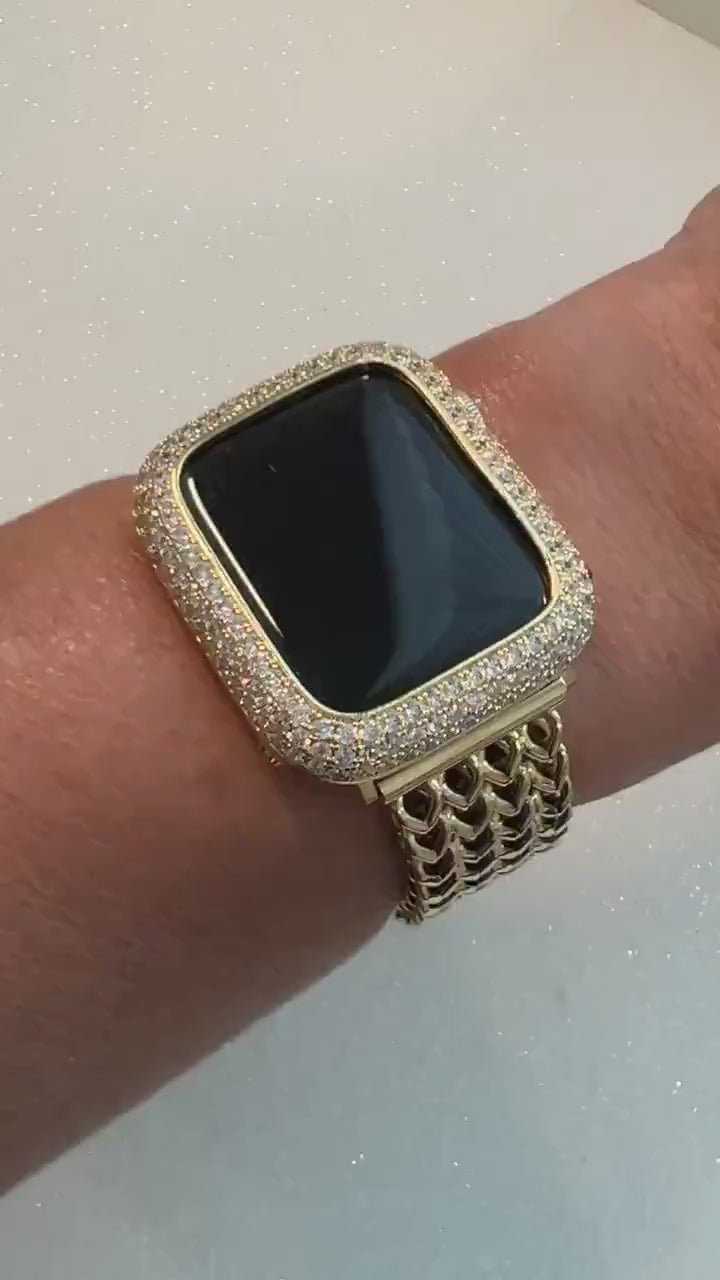 Gold Apple Watch Band Stainless Steel Womens Iphone Watch Bracelet & or Apple Watch Case Lab Diamond Bezel 38mm-49mm Ultra Iwatch Candy