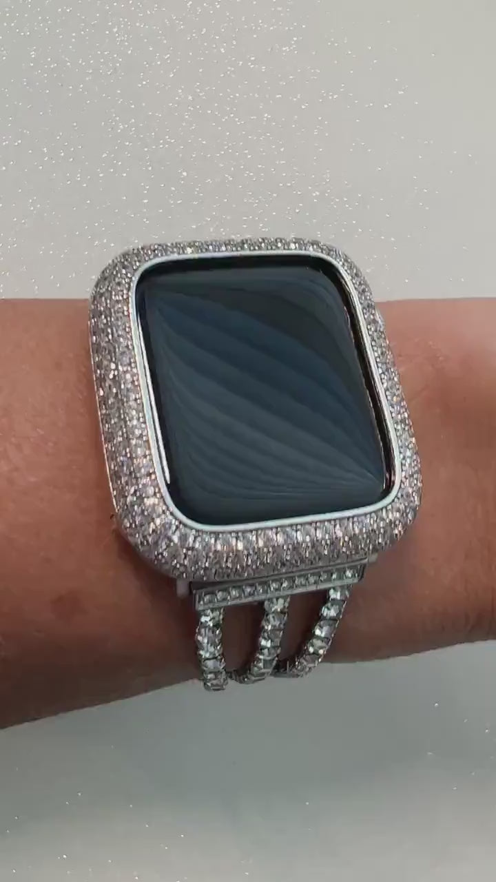 Apple Watch Band Womens 41mm 45mm Silver Swarovski Crystal & or Apple Watch Case Pave Lab Diamonds Iwatch Candy Bumper Bling 38-49mm Ultra