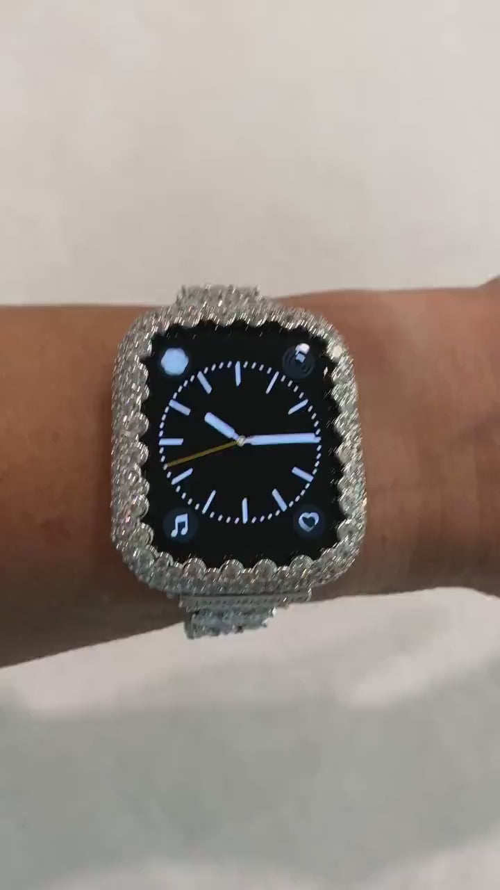 White Gold Apple Watch Band 41mm Women Silver Swarovski Crystals & or Apple Watch Cover Lab Diamond Bezel Apple Watch Case 38mm - 49mm Ultra