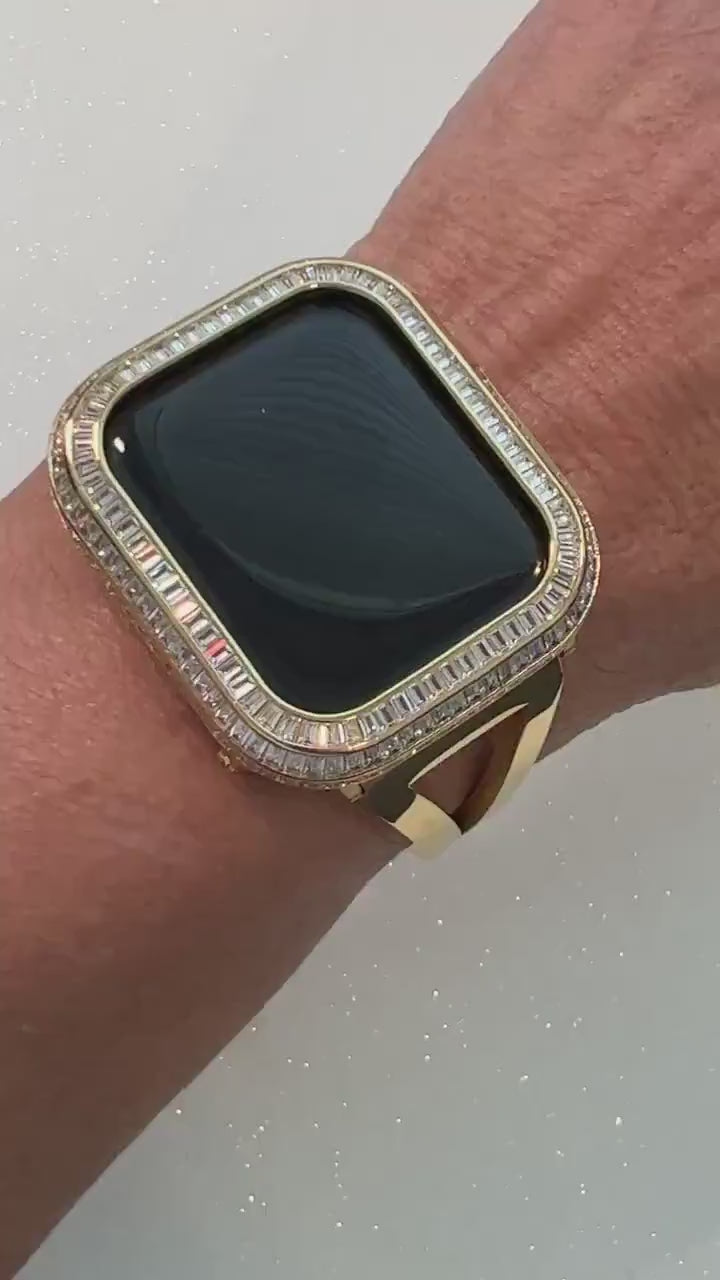 Sleek Gold Apple Watch Band Bangle Bracelet Womens & or Custom Apple Watch Case 3 Rows of Baguette Lab Diamonds Iwatch Candy 40 41 44 45mm