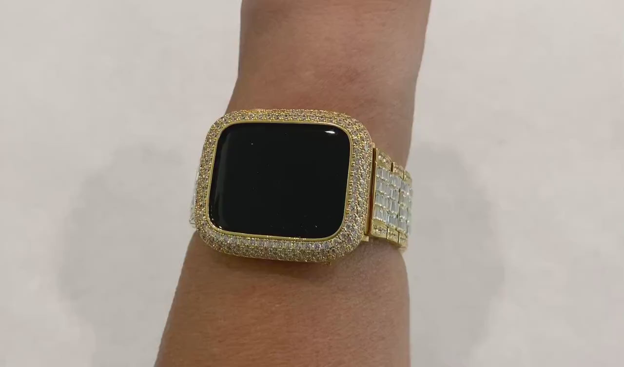Gold Apple Watch Band 45mm  Crystal Baguettes & or Apple Watch Cover Lab Diamond Bezel Case Bling 38mm-49mm Ultra Iwatch Candy