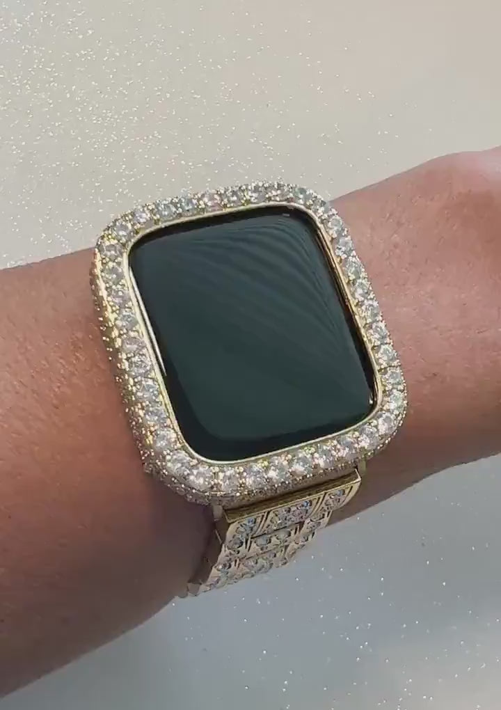 Iced Out Mens Apple Watch Band Women Gold Stainless Steel  Crystals & or Apple Watch Cover Lab Diamond Bezel Case Bling 38mm-45mm