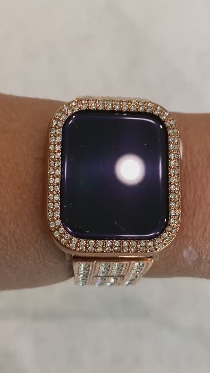 38-49mm Apple Watch Band Rose Gold 38mm-45mm Swarovski Crystals Stainless Steel & or Apple Watch Bezel Cover Iphone Watch Case Series 10-11