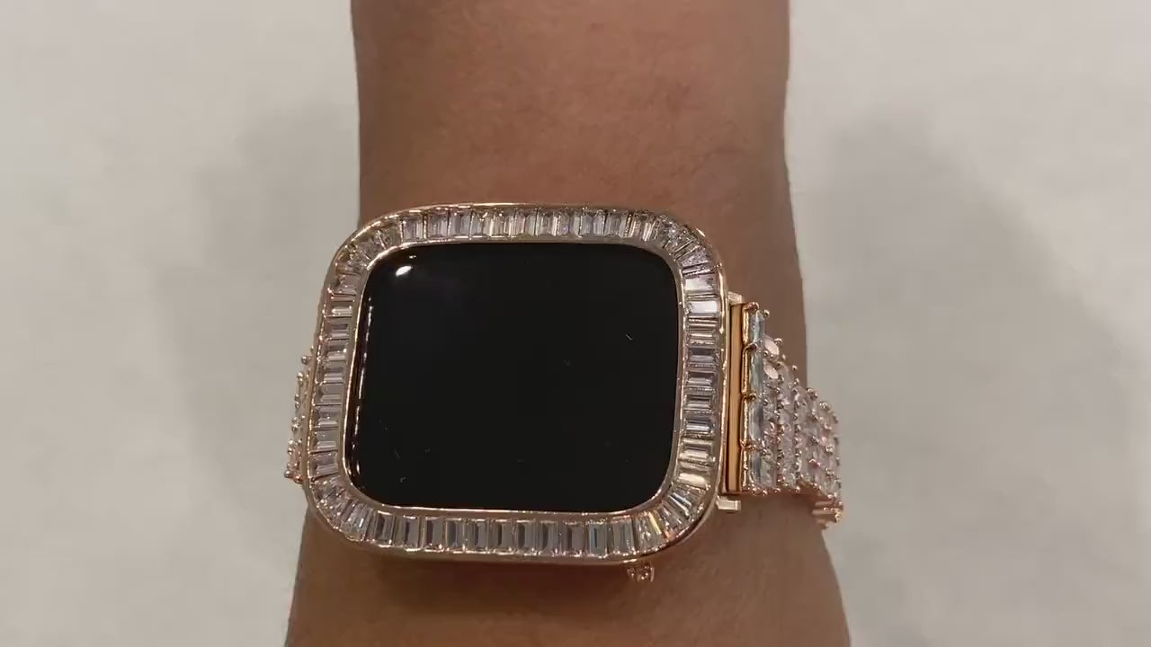 Custom Rose Gold Apple Watch Band Women 38mm-46mm Swarovski Crystal & or Baguette Lab Diamond Bezel Apple Watch Cover Iwatch Bling Handmade