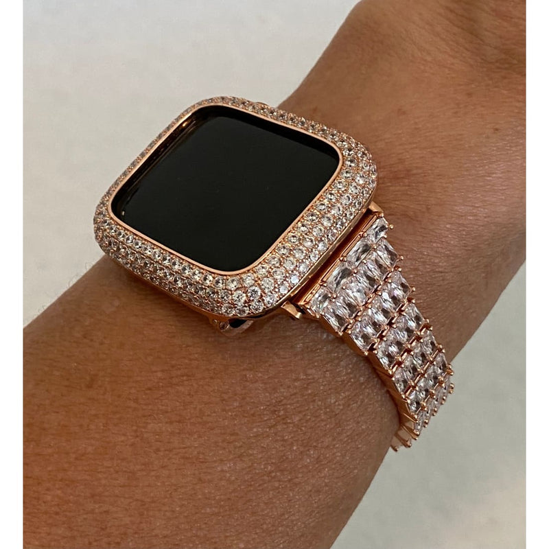 Rose Gold Apple Watch Band Swarovski Crystal Baguettes & or Apple Watch Cover Lab Diamond Bezel Case Smartwatch Bumper Bling 38mm-49mm Ultra