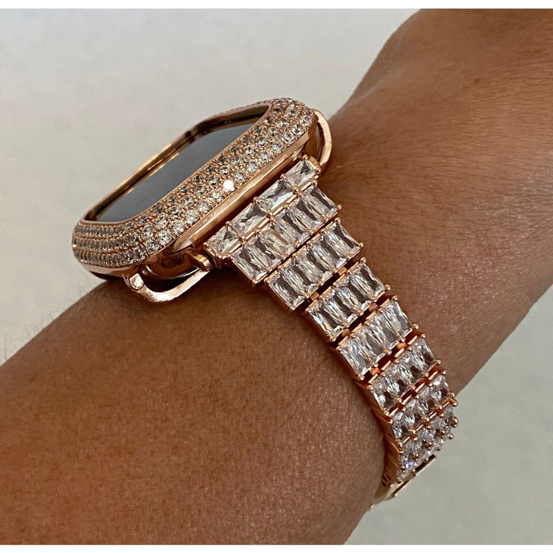 Rose Gold Apple Watch Band Swarovski Crystal Baguettes & or Apple Watch Cover Lab Diamond Bezel Case Smartwatch Bumper Bling 38mm-49mm Ultra