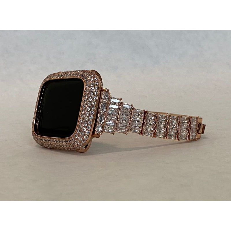 Rose Gold Apple Watch Band Swarovski Crystal Baguettes & or Apple Watch Cover Lab Diamond Bezel Case Smartwatch Bumper Bling 38mm-49mm Ultra